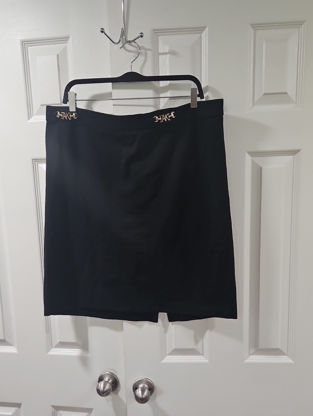 Anne Klein Black Pencil Skirt with Gold Logo Trim